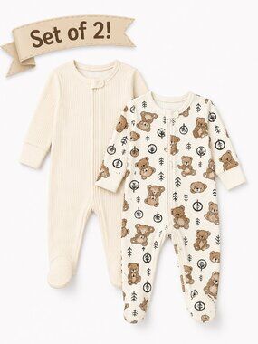 NWT Baby Essentials Set of 2 Footed Sleepers Baby Boy Size 9 Months Bears